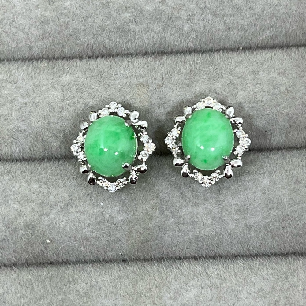 Natural grade A Green Jade 18k white gold diamond earrings